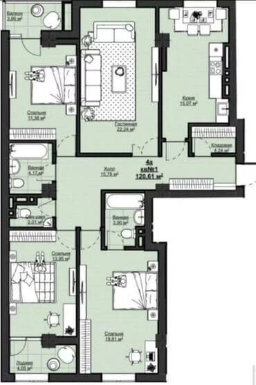 4 bedroom: 4 комнаты, 120 м², Элитка, 13 этаж, ПСО (под самоотделку) — 2