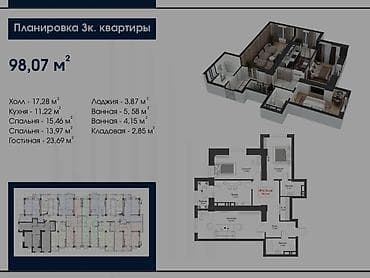 3 комнаты, 98 м², Элитка, 6 этаж