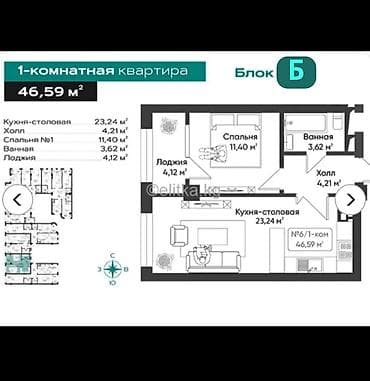 Комнаты: 2 комнаты, 47 м², Элитка, 8 этаж, Готовая ПСО (под самоотделку) — 1