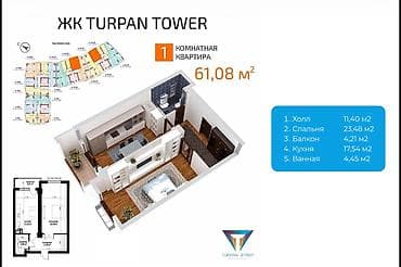 1200: 1 комната, 61 м², Элитка, 14 этаж — 2