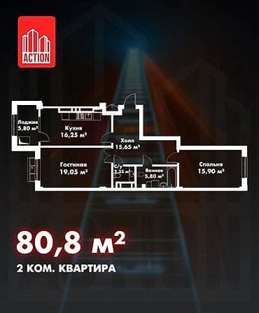 2 комнаты, 81 м², 9 этаж, Готовая ПСО (под самоотделку) — 1