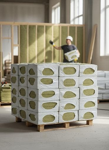 Упаковки минеральной ваты в белой полиэтиленовой пленке. Этот