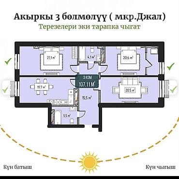 3 комнаты, 107 м², Джал мкр (в т.ч. Верхний, Нижний, Средний) Элитка, 10 этаж — 2