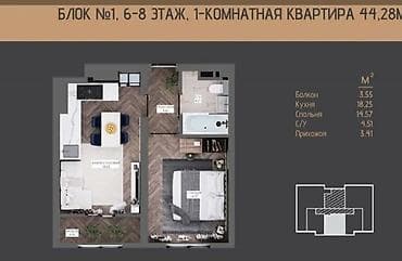 1 бөлмө, 44 м², Элитка, 8 кабат, Евроремонт