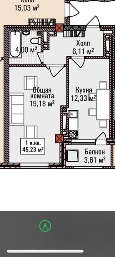 Недвижимость: 1 комната, 45 м², Ошский рынок / базар Элитка, 11 этаж, ПСО (под самоотделку) — 3