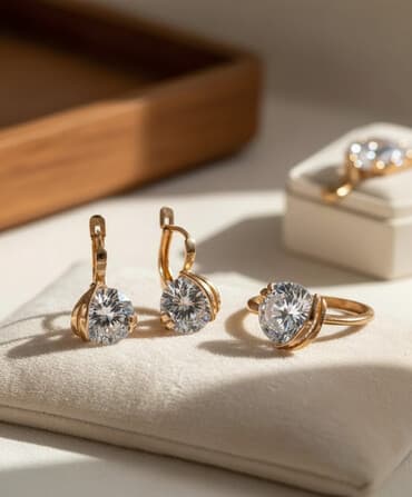 свадебные платья для покрытых: Позолоченный ювелирный комплект кольцо и серьги с фианитом. Комплект — 1