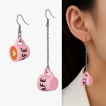 Серьги Подвески в виде миниатюрных розовых кружек с надписью CAFE —