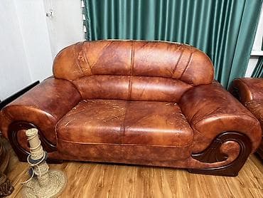 кожаная мягкая мебель: Комплект мягкой мебели, Б/у, Самовывоз, цвет - Коричневый — 1