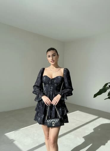 Вечернее платье, Коктейльное, Короткая модель, Шифон, С рукавами, S