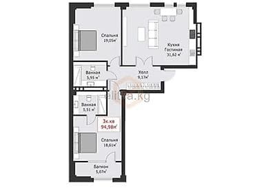 3 комнаты, 95 м², Элитка, 5 этаж