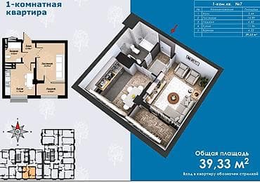 art square: 1 комната, 39 м², Элитка, 8 этаж, Готовая ПСО (под самоотделку) — 2