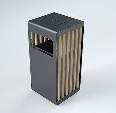 Уличная урна с облицовкой из древесных реек и стальным каркасом -