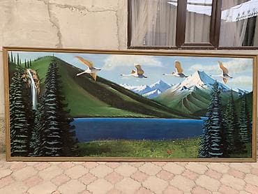Декор и интерьер: Картина «Горное озеро с водопадом и птицами» - Большое панно в раме — 1