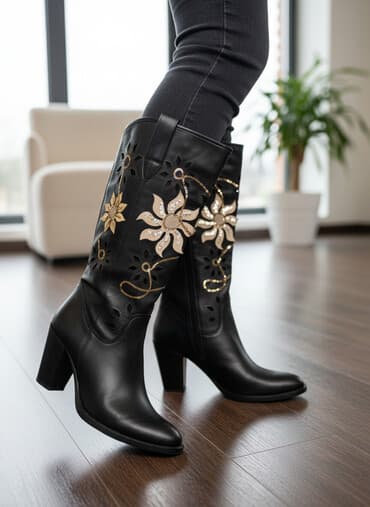 фирменная обувь из италии: Женские кожаные сапоги на каблуке. - Материал: натуральная кожа - — 1