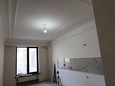 Отделка комнаты/кухонной зоны с декоративным потолком и фартуком под