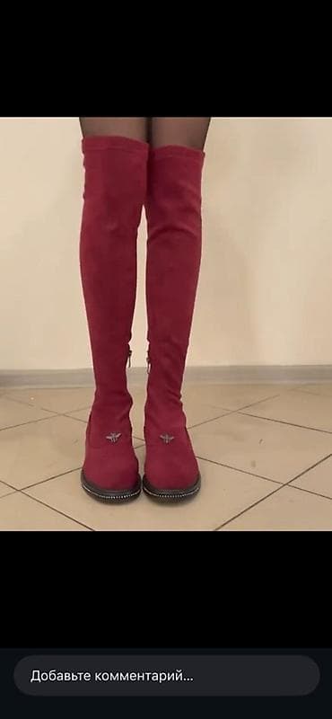 Угги: Бордовые ботфорты-носки выше колена. - Материал верха: мягкий — 3