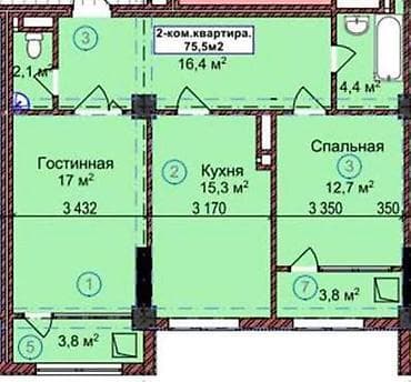 элитный: 2 комнаты, 75 м², Элитка, 7 этаж, ПСО (под самоотделку) — 2