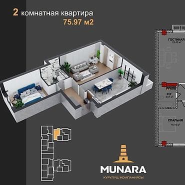 Недвижимость: 2 комнаты, 76 м², Джал мкр (в т.ч. Верхний, Нижний, Средний) Элитка, 2 этаж, ПСО (под самоотделку) — 2