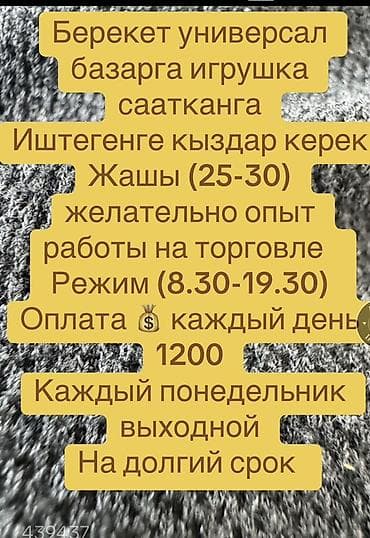 Продажи, работа с клиентами: Вакансия: продавец игрушек на рынке «Берекет Универсал» - Требуются — 1