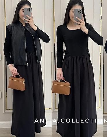 Платье-макси черного цвета + кожаный жилет - Платье: однотонное — 1