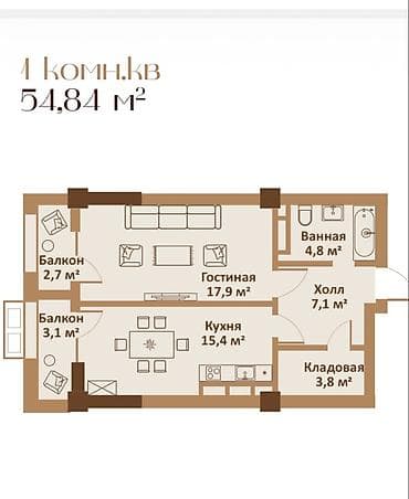8: 1 комната, 54 м², 8 мкр Элитка, 4 этаж — 1