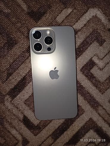 Мобильные телефоны: IPhone 15 Pro Max, Б/у, 256 ГБ, Natural Titanium, Защитное стекло, Зарядное устройство, Чехол, 80 % — 1