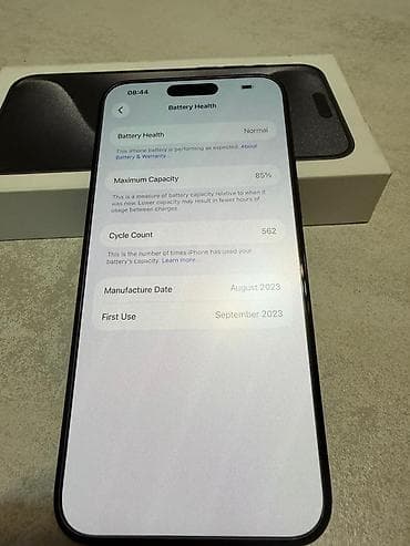 акумлятор: IPhone 15 Pro, 256 ГБ, Black Titanium, Коробка, 85 % — 2