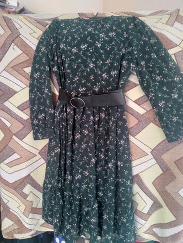 шифоновые платья для беременных: Платье зелёное в цветочек с поясом. Ткань крепшифон Размер 56/52/54 — 2