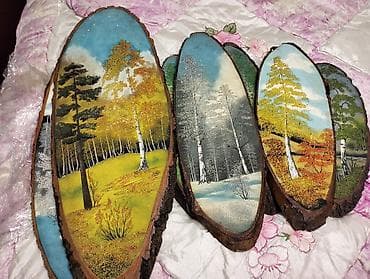 Декор жана интерьер: Набор декоративных панно на спилах дерева с ручной росписью пейзажей — 1