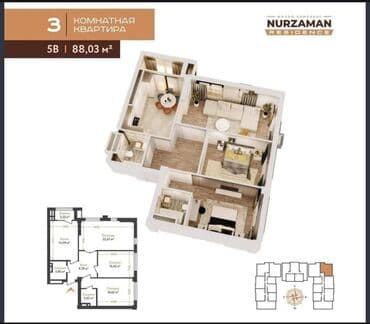 аренда квартира 1 комнат: 3 комнаты, 88 м², Элитка, 11 этаж, ПСО (под самоотделку) — 2