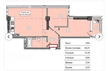 Продажа квартир: 3 комнаты, 62 м², Элитка, 7 этаж, Готовая ПСО (под самоотделку) — 3
