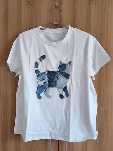 Шубалар: Футболка с авторским аппликационным принтом «кот» из джинсовых — 1