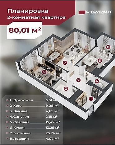 квартиры подселением: 3 комнаты, 80 м², Элитка, 14 этаж, Готовая ПСО (под самоотделку) — 5