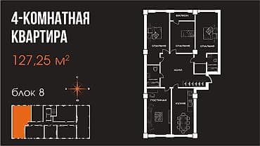 Квартиры: 4 комнаты, 127 м², ул. Алматинка / Чуй Элитка, 7 этаж, ПСО (под самоотделку) — 3