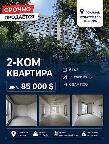 2 комнаты, 61 м², Вефа ТЦ Элитка, 11 этаж, ПСО (под самоотделку)