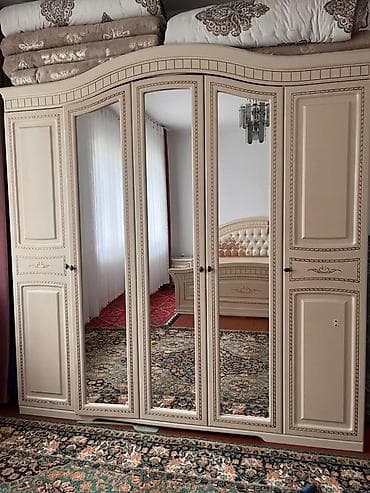 Үй жана бакча: Уктоочу бөлмө гарнитуру, Колдонулган, Эки кишилик керебет, Шкаф, Трюмо, Кыргызстан, Жыгач, Өзү алып кетүү, түсү - Саргыч боз — 7