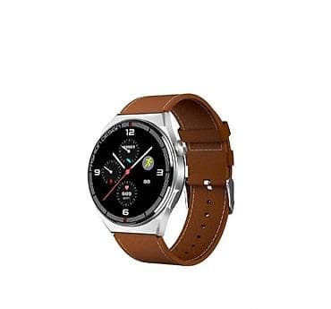 mi band 1 3: Смарт‑часы с круглым экраном и кожаным ремешком - Корпус: серебристый — 1