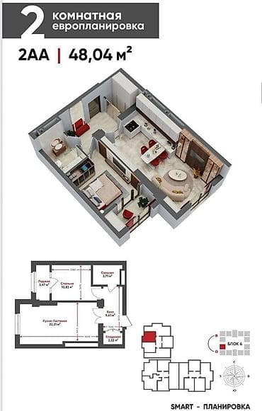 sky: 1 комната, 48 м², Технопарк Элитка, 3 этаж, Евроремонт — 1