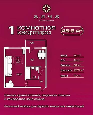 1 комната, 48 м², Элитка, 3 этаж