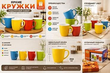 Кухонные принадлежности: Подарочный набор «Яркие кружки» — 4 керамические кружки для чая, кофе — 2