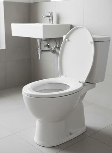 Унитаз белого цвета с овальной чашей и широким основанием. Оснащен