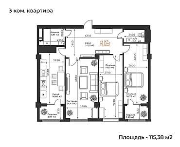 115: 3 комнаты, 115 м², 7 этаж, ПСО (под самоотделку) — 1