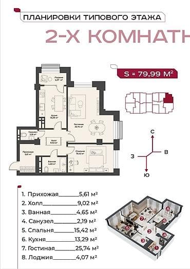 кв от застройщика: 2 комнаты, 80 м², Элитка, Готовая ПСО (под самоотделку) — 4