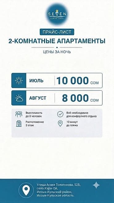 Кыймылсыз мүлк: 🌊 Иссык-Куль 🏠 Сдаются 1/2-х комнатные апартаменты 🧑‍🧑‍🧒‍🧒 Для — 7