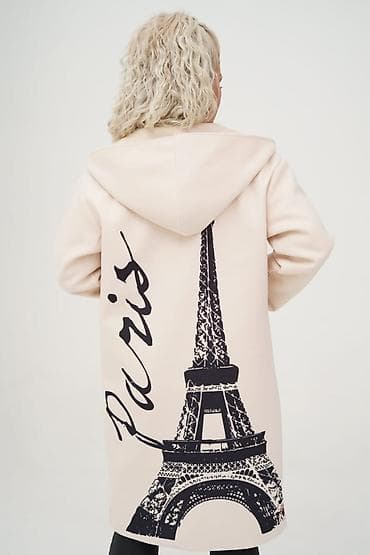 летнее платье с капюшоном: Женское пальто с капюшоном и декоративным принтом - Прямой силуэт — 7