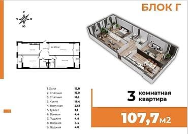 3 комнаты, 108 м², Элитка, 2 этаж, Готовая ПСО (под самоотделку)