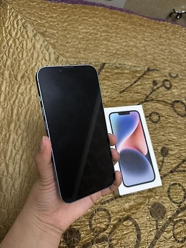 IPhone 14, Б/у, 128 ГБ, Голубой, Коробка, 85 %