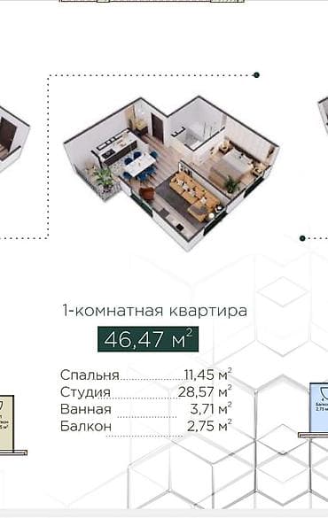 46: 1 комната, 46 м², Аламедин-1 мкр Элитка, 5 этаж, ПСО (под самоотделку) — 1