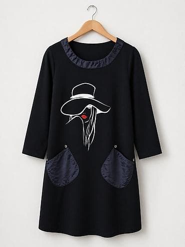 кепка гучи: Платье-туніка чорного кольору з принтом “жіночий силует у капелюсі” — 1