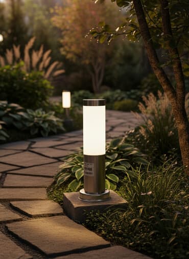 светильники для сада на солнечных батареях: Цилиндрический садовый светильник, выполненный из нержавеющей стали с — 1